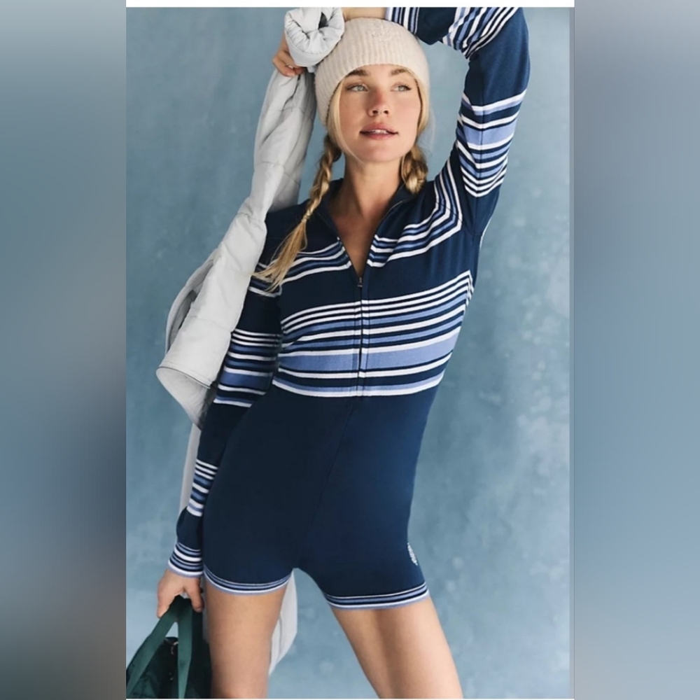 FP Movement Its Cold Outside Playsuit navy blue white striped romper size small